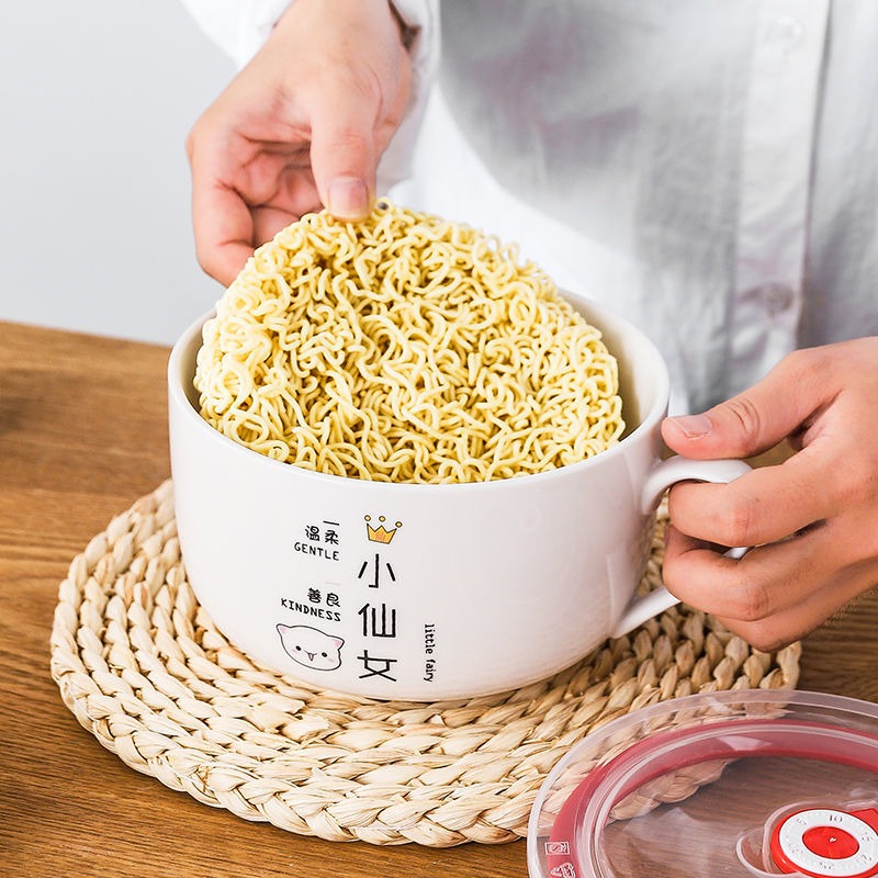 陶瓷泡麪碗帶蓋密封飯盒單個學生宿舍泡麪碗帶手柄便當盒碗筷餐具-細節圖2