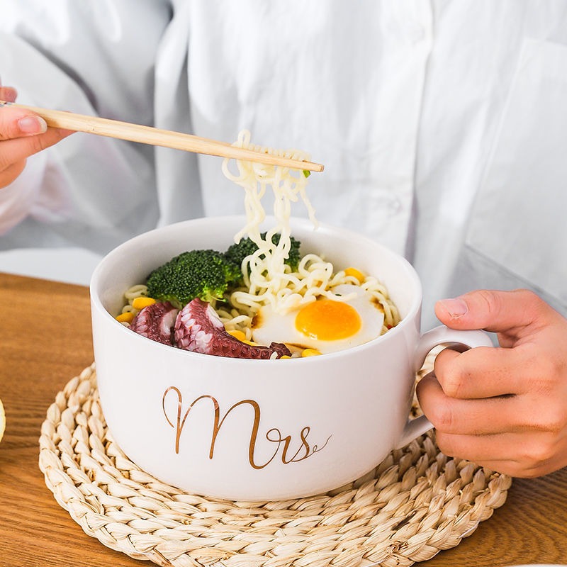 陶瓷泡麪碗帶蓋密封飯盒單個學生宿舍泡麪碗帶手柄便當盒碗筷餐具-細節圖4