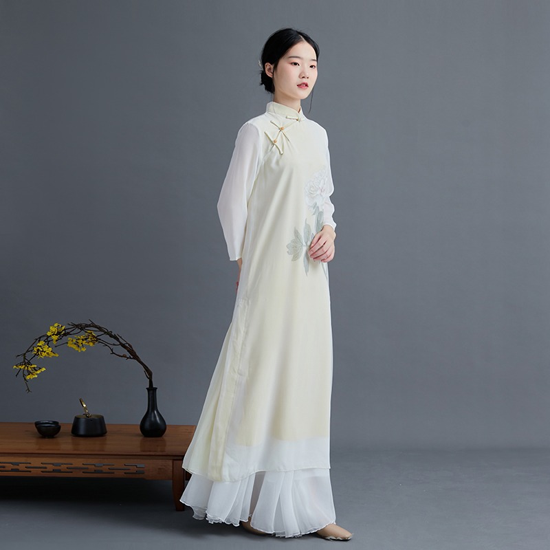 2021中國風改良版旗袍連衣裙女夏季中式雪紡復古禪意茶服文藝-細節圖2