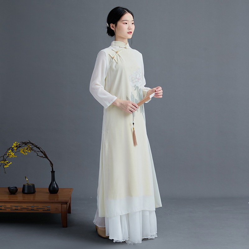 2021中國風改良版旗袍連衣裙女夏季中式雪紡復古禪意茶服文藝-細節圖3