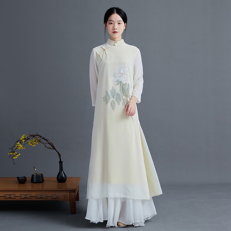 2021中國風改良版旗袍連衣裙女夏季中式雪紡復古禪意茶服文藝-細節圖4