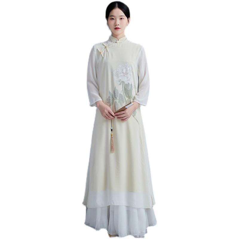 2021中國風改良版旗袍連衣裙女夏季中式雪紡復古禪意茶服文藝-細節圖5