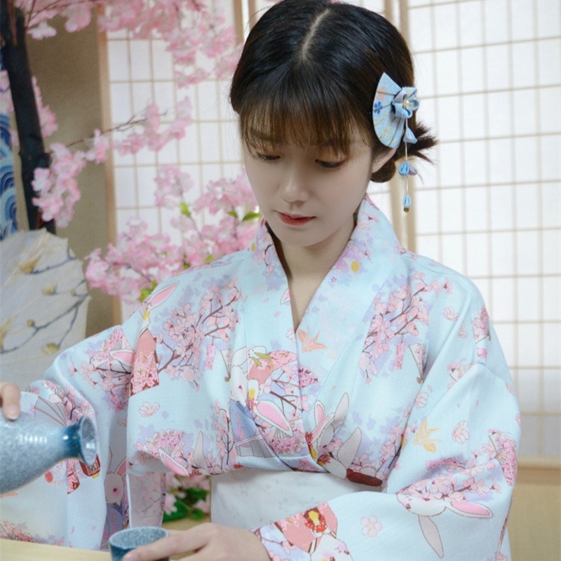 文藝粉色桃花祈願兔可愛少女日系改良和服黨妹同款日式和風浴衣服-細節圖5
