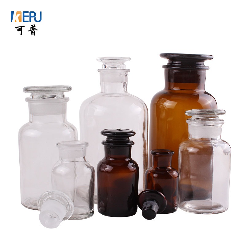 廣口瓶茶色棕色透明玻璃試劑白細口大口瓶固體試劑容器磨砂加厚實驗室耗材30/60/125 /250/500ml化學實驗器材-細節圖2