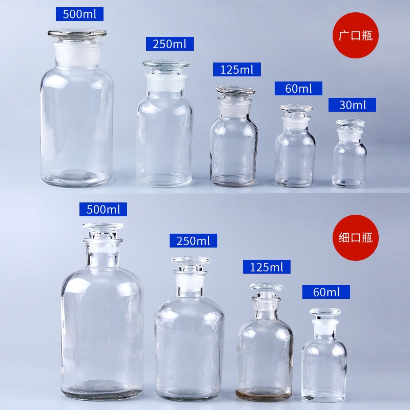 廣口瓶茶色棕色透明玻璃試劑白細口大口瓶固體試劑容器磨砂加厚實驗室耗材30/60/125 /250/500ml化學實驗器材-細節圖5