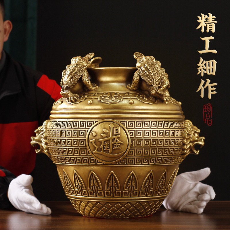 年正西四方錢罐家居擺件銅聚寶盆金蟾黃銅客廳公司禮品-細節圖2