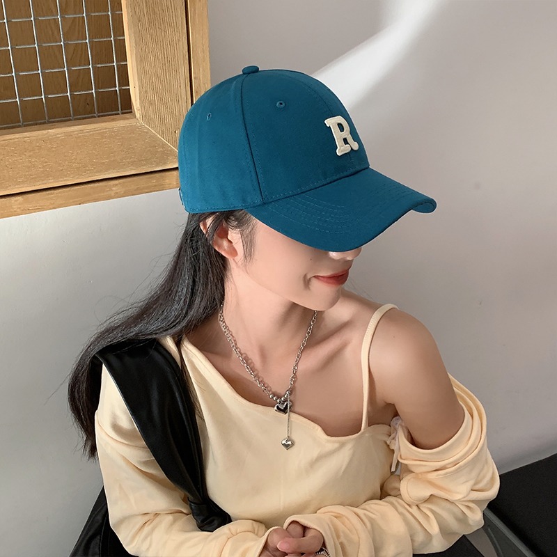 棒球帽女春韓版字母R標新款藍色百搭帽子夏季顯臉小鴨舌帽大頭圍-細節圖2