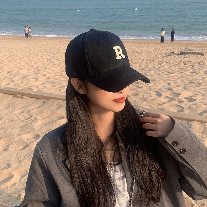 棒球帽女春韓版字母R標新款藍色百搭帽子夏季顯臉小鴨舌帽大頭圍-細節圖3