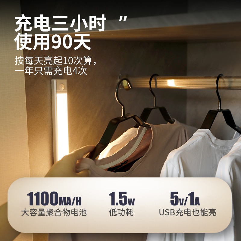 智能人體感應小夜燈過道走廊家用衣櫃櫥櫃燈帶長條無線充電式光控-細節圖2