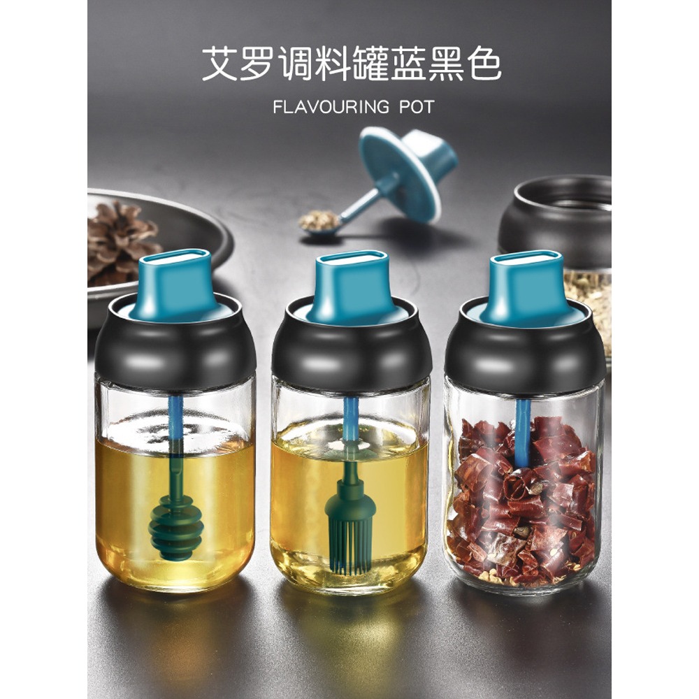 玻璃調味罐勺蓋一體廚房調料罐子家用蜂蜜瓶帶刷油刷子鹽罐味精盒-細節圖2