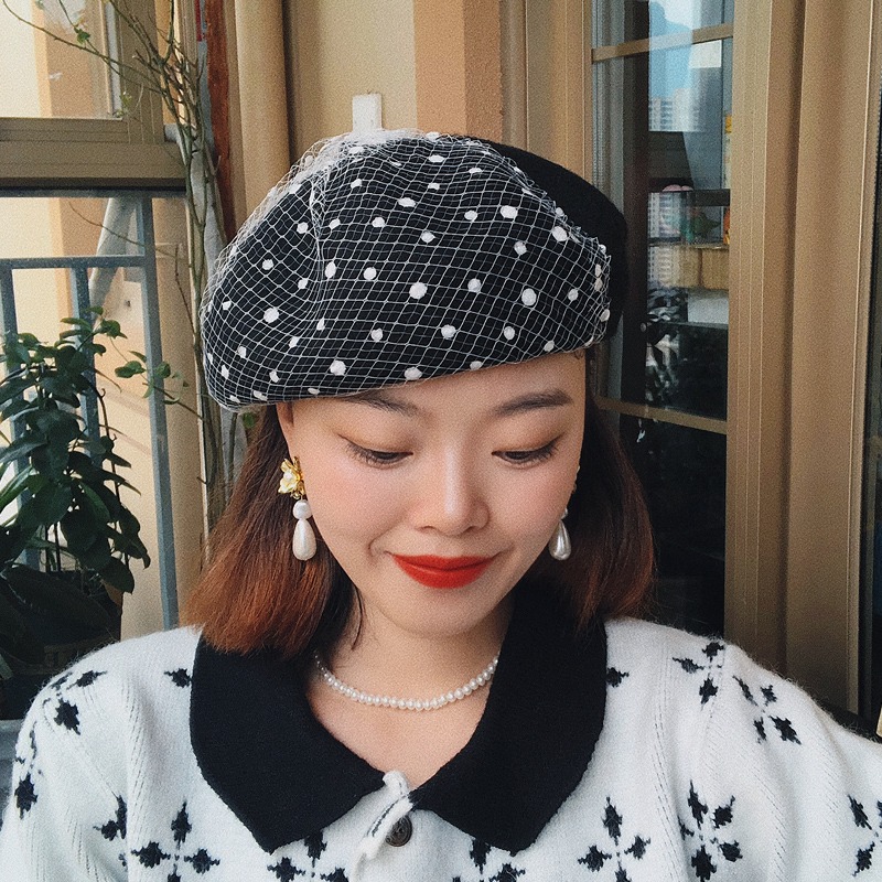 法式復古優雅波點網紗貝雷帽純羊毛蕾絲韓版女式秋冬季畫家帽氣質-細節圖2