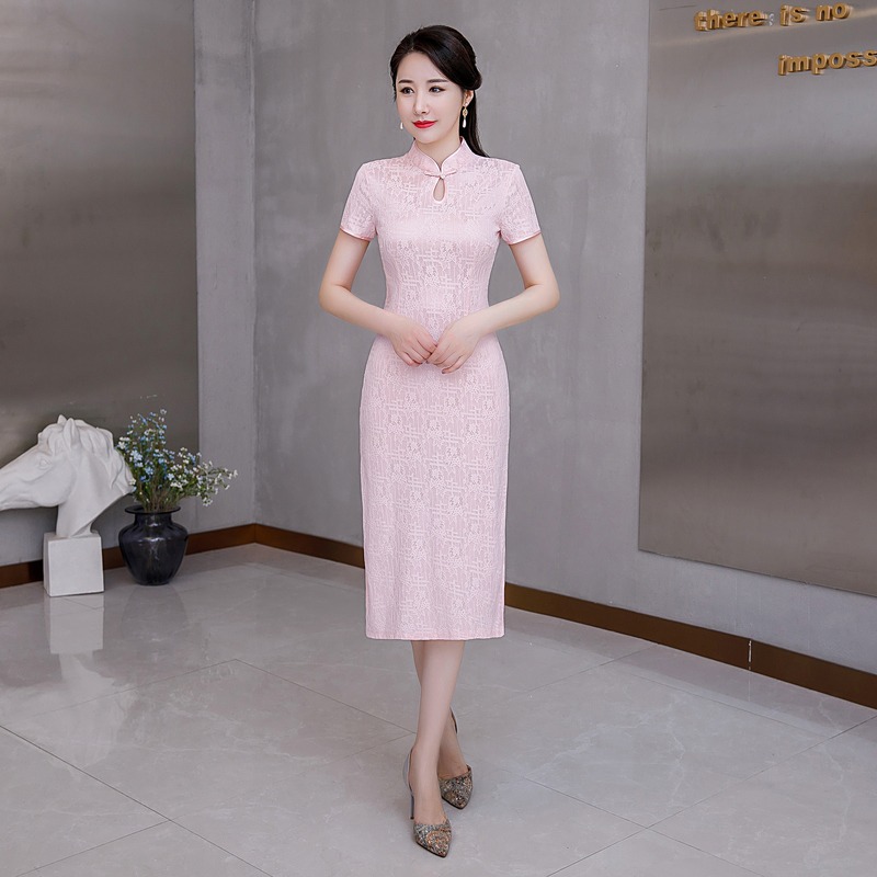 2022年夏季新款蕾絲旗袍中長款改良版連衣裙中年媽媽裝婚宴禮服裙-細節圖2