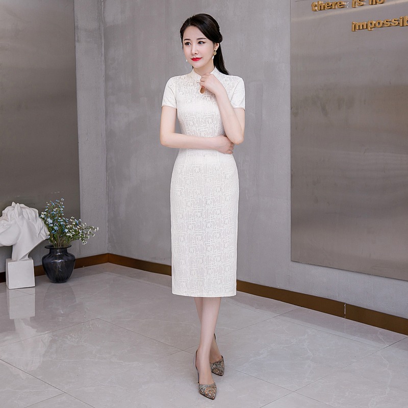 2022年夏季新款蕾絲旗袍中長款改良版連衣裙中年媽媽裝婚宴禮服裙-細節圖4
