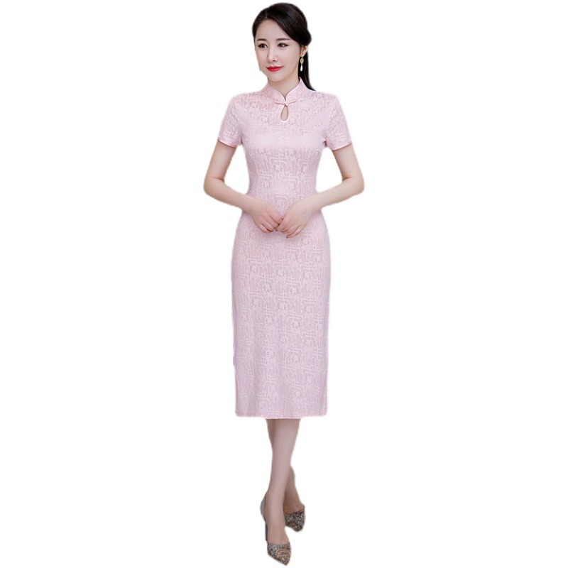 2022年夏季新款蕾絲旗袍中長款改良版連衣裙中年媽媽裝婚宴禮服裙-細節圖5