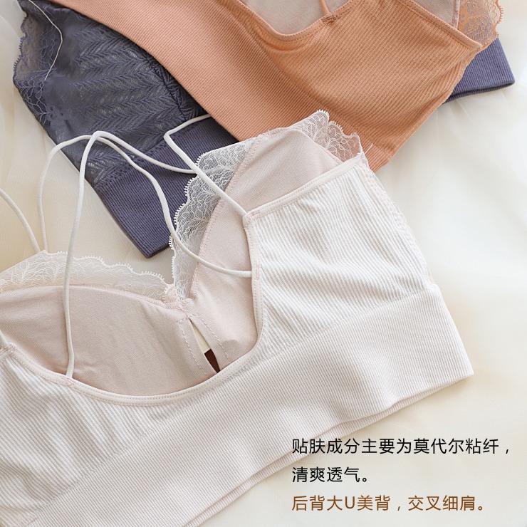 尚尼秀甜美蕾絲交叉美背文胸細肩吊帶打底內衣法式少女帶胸墊抹胸-細節圖4