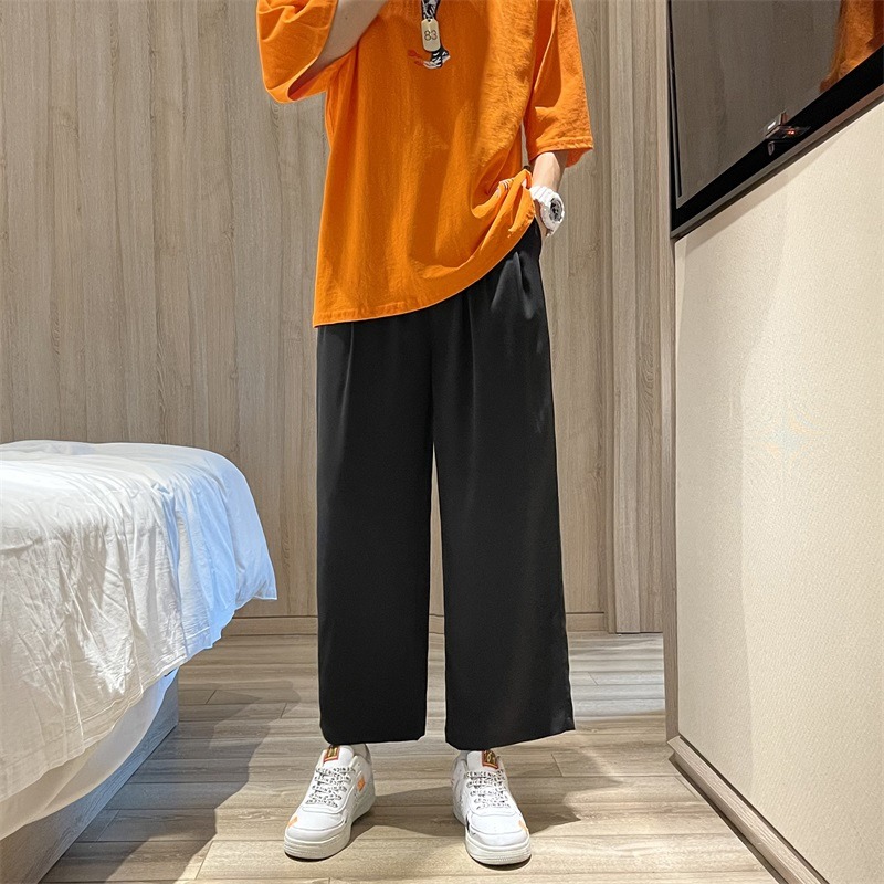 秋季薄款冰絲闊腿褲男韓版潮流寬松青少年休閑百搭bf直筒九分褲子-細節圖3