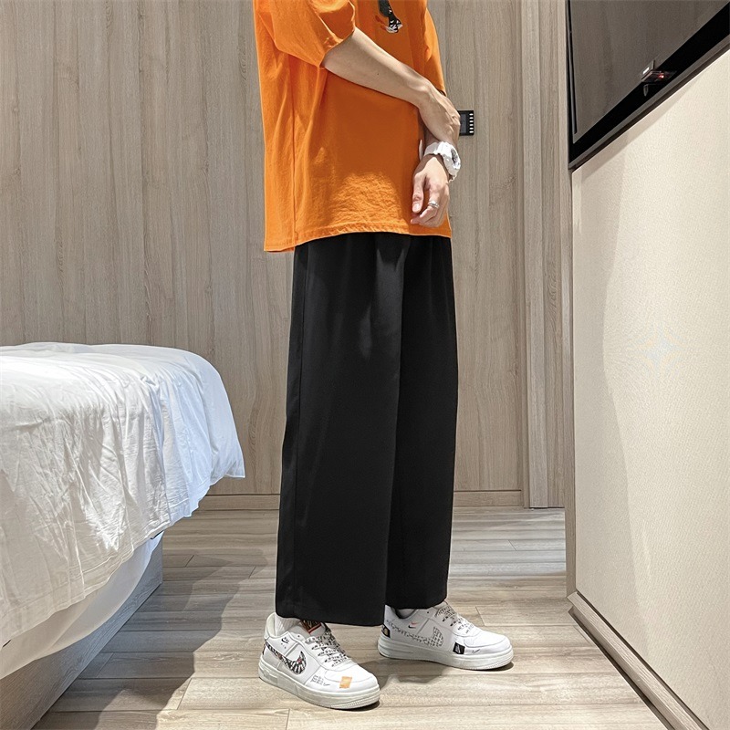 秋季薄款冰絲闊腿褲男韓版潮流寬松青少年休閑百搭bf直筒九分褲子-細節圖4