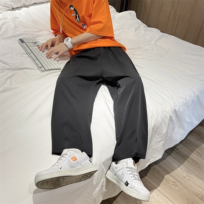 秋季薄款冰絲闊腿褲男韓版潮流寬松青少年休閑百搭bf直筒九分褲子-細節圖5