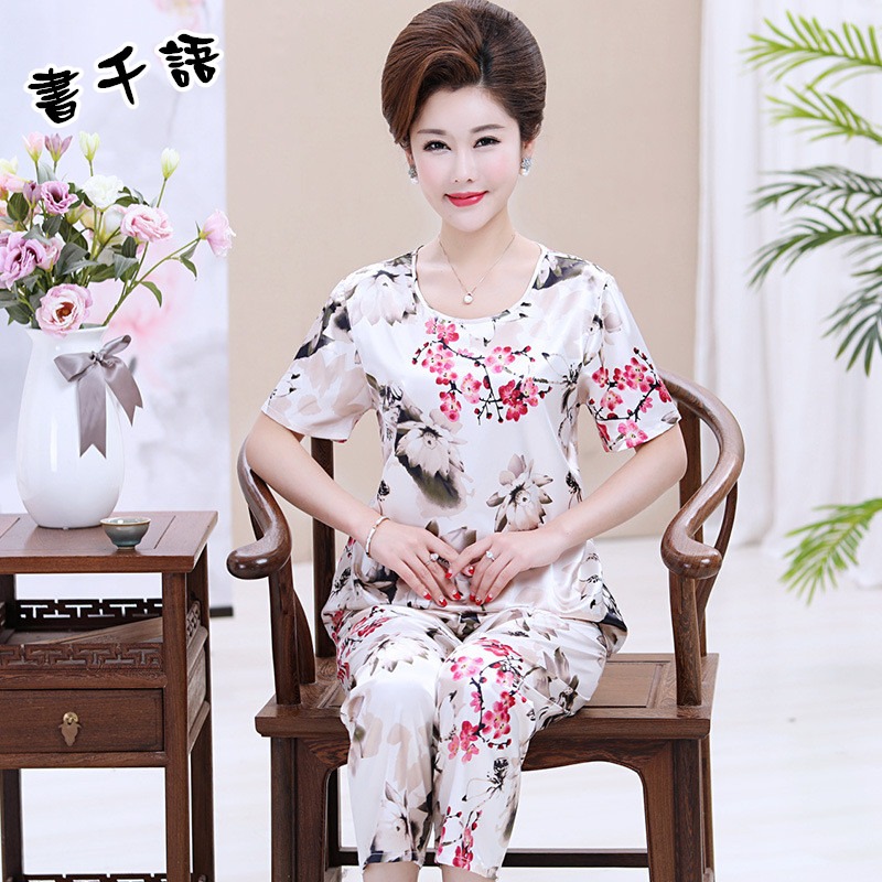 夏季睡衣女媽媽冰絲短袖九分褲薄款中老年大碼仿真絲綢奶奶家居服-細節圖2