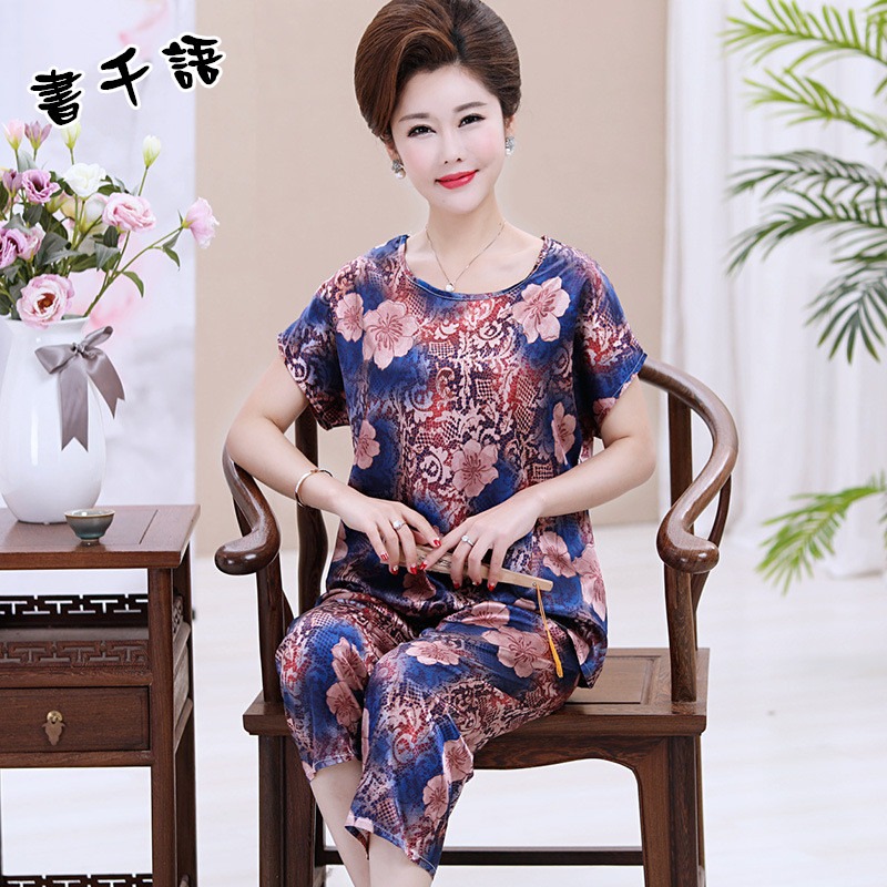 夏季睡衣女媽媽冰絲短袖九分褲薄款中老年大碼仿真絲綢奶奶家居服-細節圖3