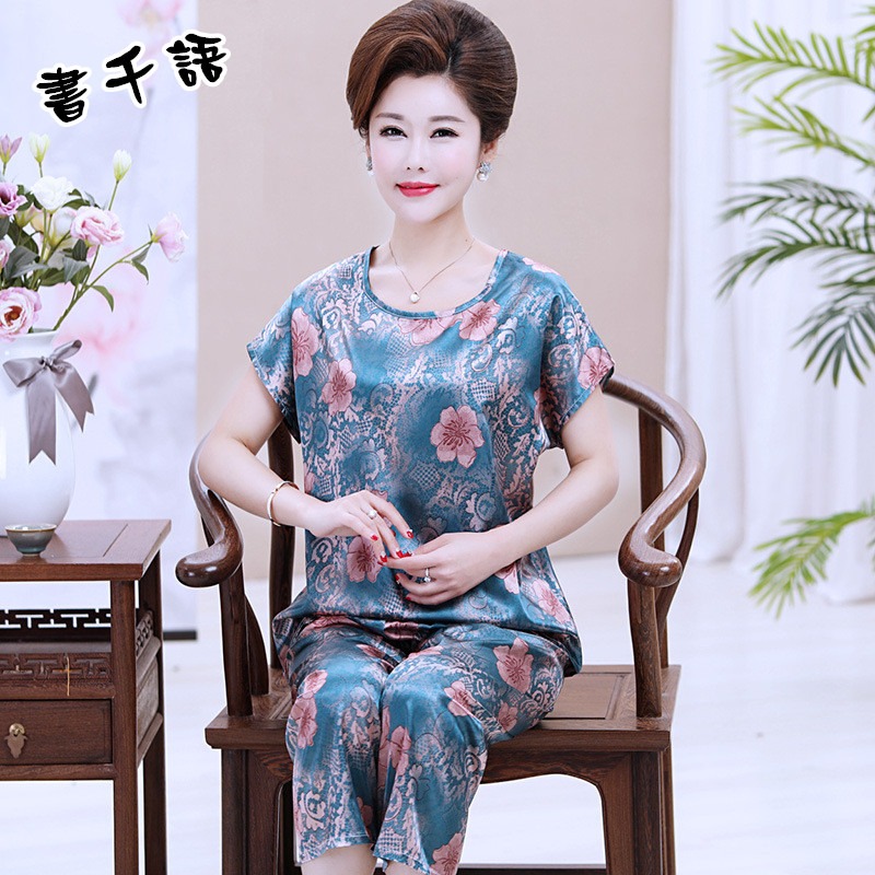 夏季睡衣女媽媽冰絲短袖九分褲薄款中老年大碼仿真絲綢奶奶家居服-細節圖4