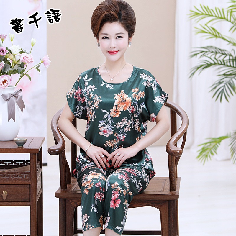 夏季睡衣女媽媽冰絲短袖九分褲薄款中老年大碼仿真絲綢奶奶家居服-細節圖5