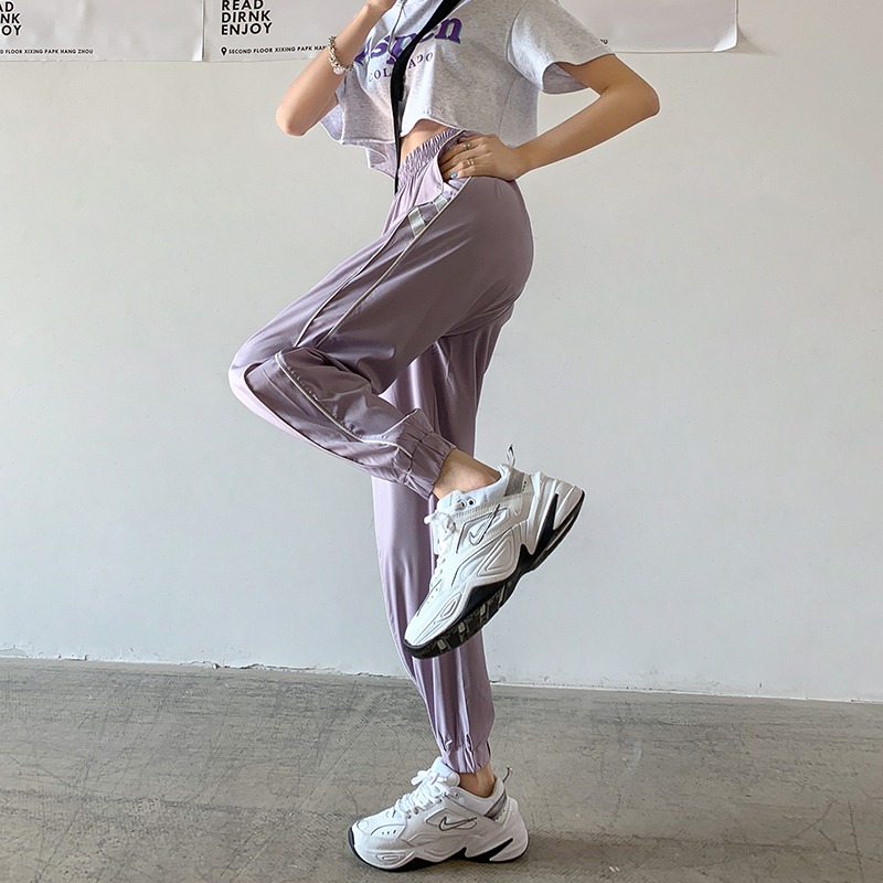 紫色運動褲女夏季薄款冰絲速幹九分衛褲寬松束腳防蚊褲爆款健身褲-細節圖4