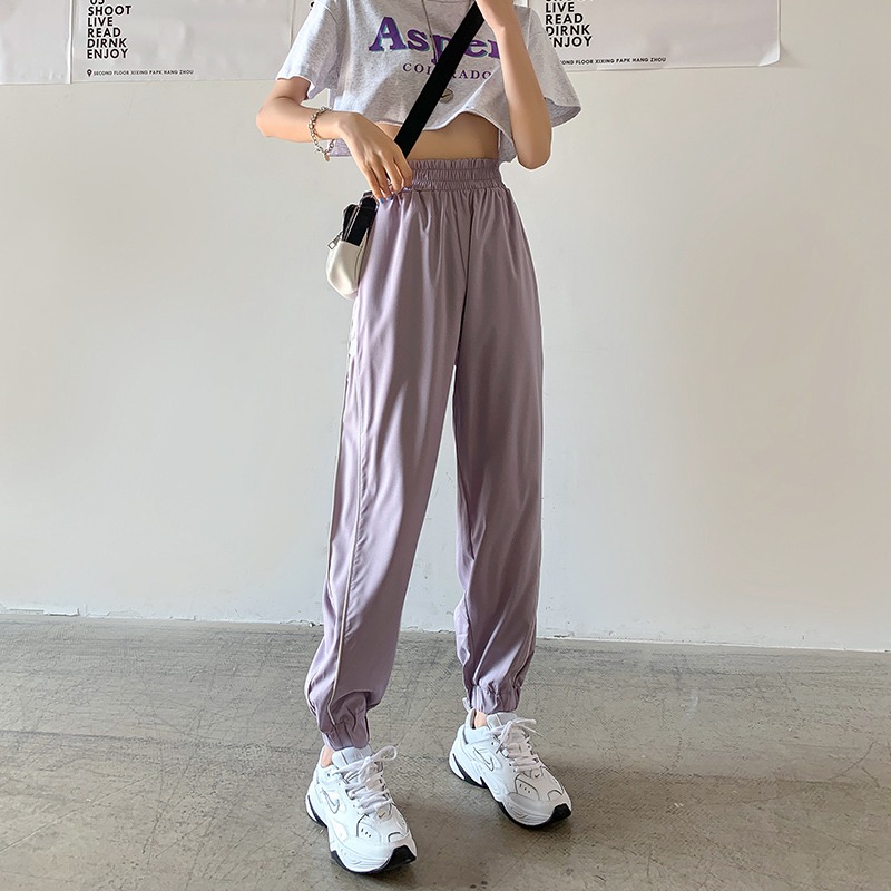 紫色運動褲女夏季薄款冰絲速幹九分衛褲寬松束腳防蚊褲爆款健身褲-細節圖5