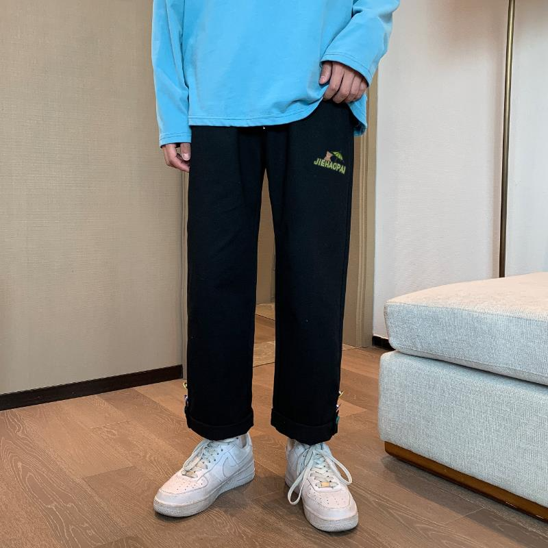 機能卷邊紐扣工裝褲男士寬松夏季直筒潮流炸街小眾純色九分休閑褲-細節圖3