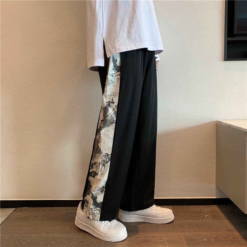 夜色文藝男夏季薄款冰絲九分褲男士高街潮牌寬松墜感運動闊腿褲子-細節圖2