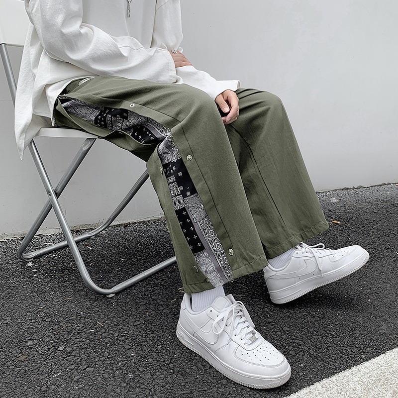 春夏季薄款排扣腰果花闊腿褲男潮流ins拼接九分寬松直筒運動褲子-細節圖5
