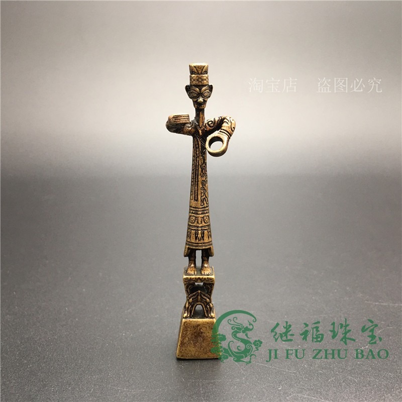 古玩收藏三星堆黃銅縱目面具立人文創禮品人頭像銅鑄仿古銅器擺件-細節圖2
