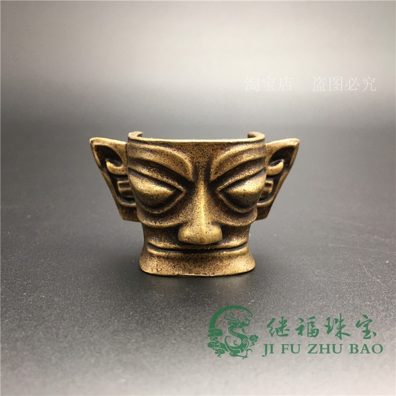 古玩收藏三星堆黃銅縱目面具立人文創禮品人頭像銅鑄仿古銅器擺件-細節圖3