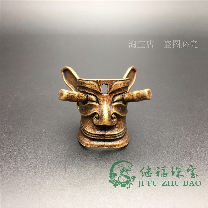 古玩收藏三星堆黃銅縱目面具立人文創禮品人頭像銅鑄仿古銅器擺件-細節圖4