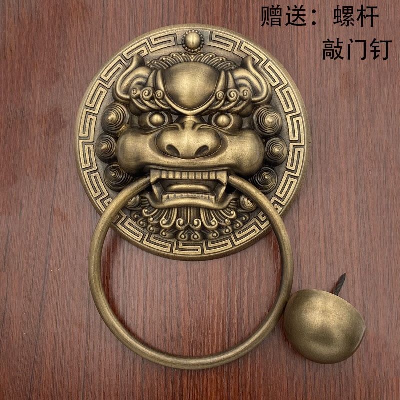 仿古純銅獸頭門環麒麟獅子頭大門把手新中式庭院木門復古實心拉手-細節圖2