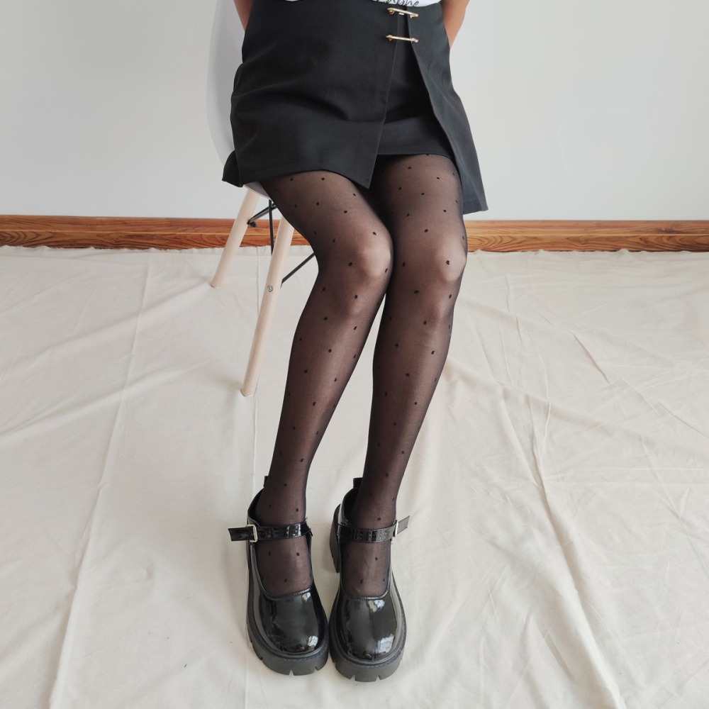 黑色圓點絲襪少女春夏季薄款連褲襪小波點日系提花ins網紅Lolita-細節圖3