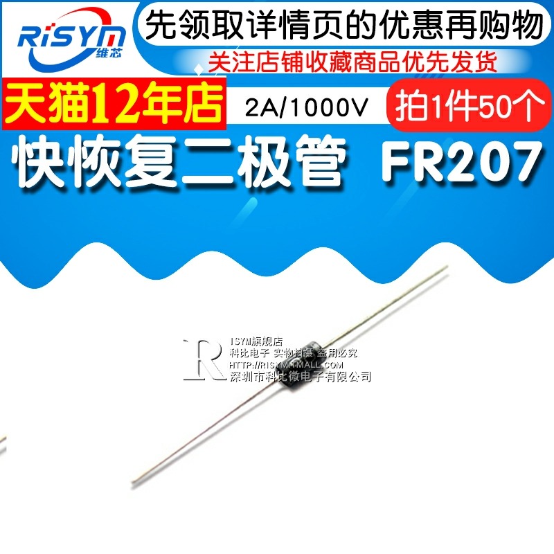 Risym快恢復二極管 FR207 整流二極管 2A/1000V 長腳大功率 50只-細節圖3