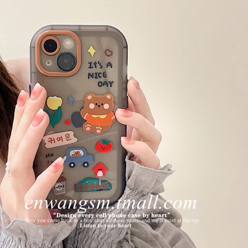 恩王 韓國可愛卡通小熊油畫蘋果11/12iphone13promax手機殼創意xs/xr新款8p/7plus情侶12pr-細節圖2