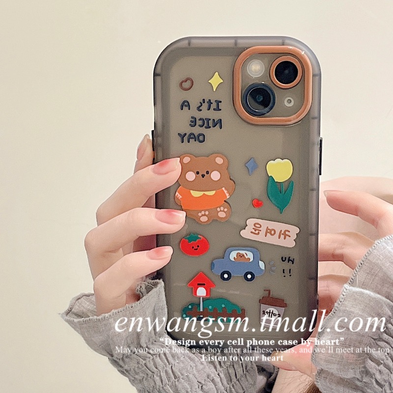恩王 韓國可愛卡通小熊油畫蘋果11/12iphone13promax手機殼創意xs/xr新款8p/7plus情侶12pr-細節圖3