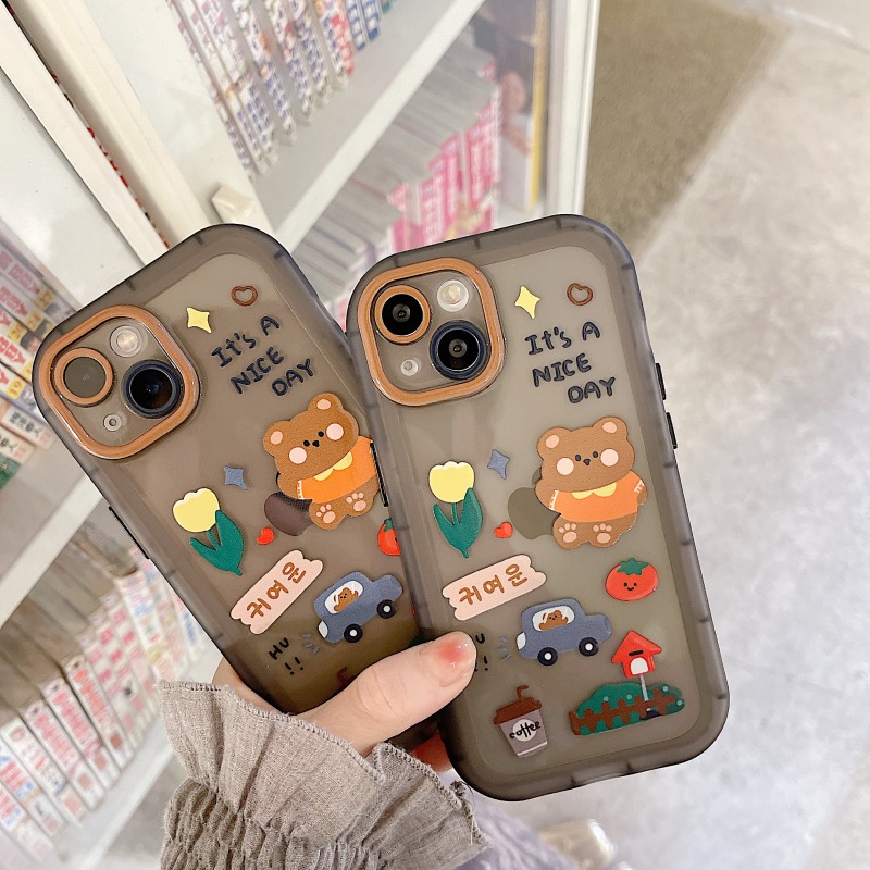 恩王 韓國可愛卡通小熊油畫蘋果11/12iphone13promax手機殼創意xs/xr新款8p/7plus情侶12pr-細節圖4