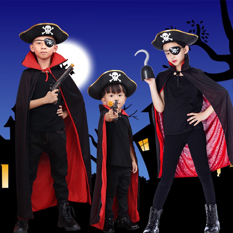 萬聖節創意兒童海盜女巫魔法師斗篷黑紅披風成人服裝親子男女演出-細節圖3