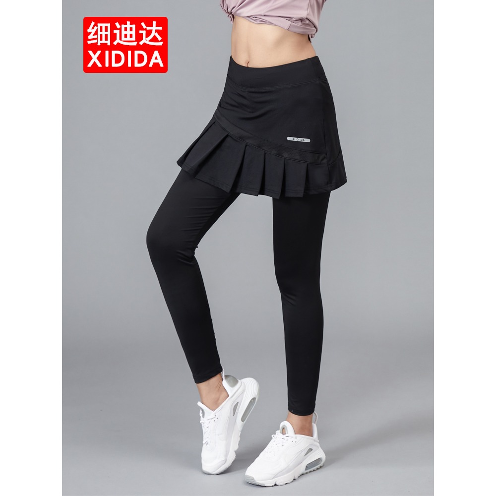 女羽毛球網球假兩件運動褲裙跑步健身瑜伽褲速乾透氣高腰緊身長褲-細節圖2