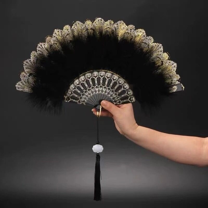 羽毛扇舞蹈旗袍走秀摺扇漢服蕾絲扇子古風黑色女舞蹈扇網紅 白色-細節圖2