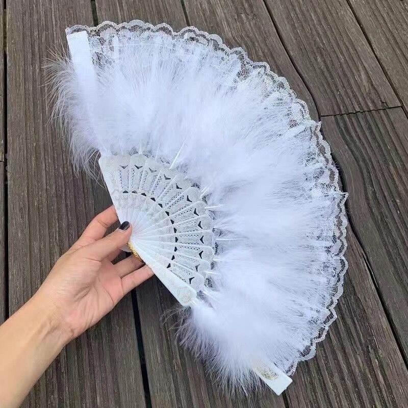 羽毛扇舞蹈旗袍走秀摺扇漢服蕾絲扇子古風黑色女舞蹈扇網紅 白色-細節圖3