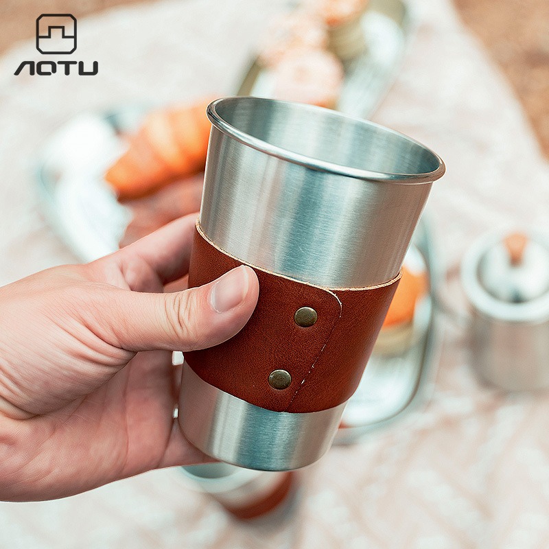 ins風戶外露營咖啡杯304不銹鋼水杯復古皮革防燙杯套冷熱飲水杯-細節圖2