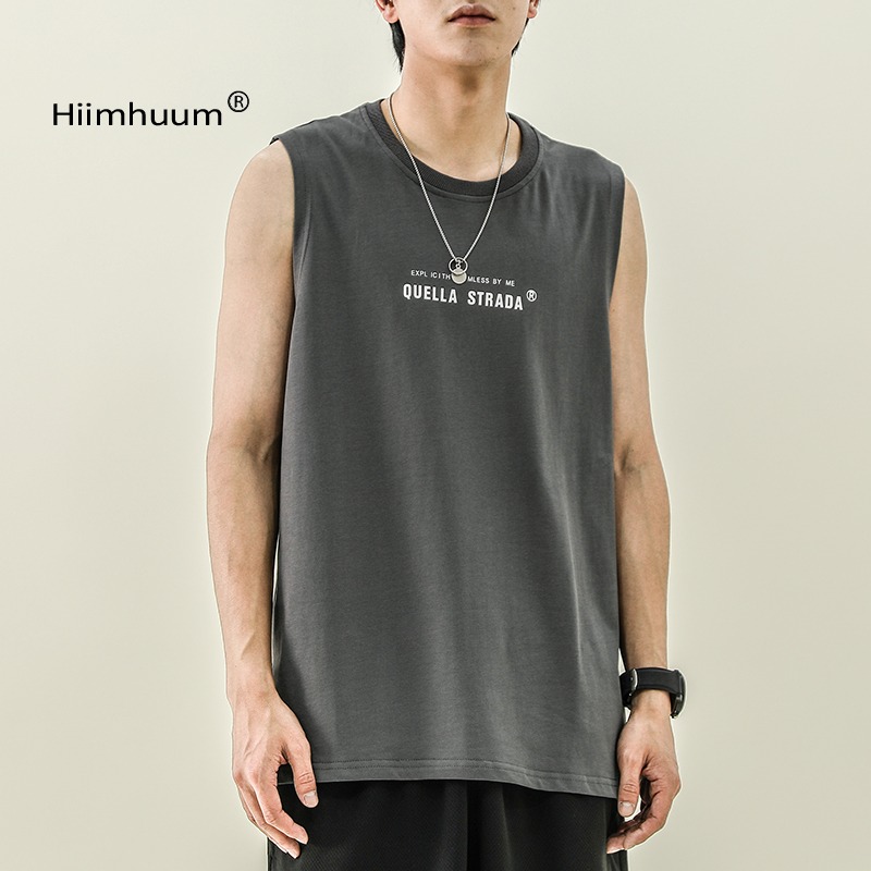 無袖背心男士夏季潮牌純棉健身運動坎肩衣服打底男裝印花短袖t恤-細節圖2