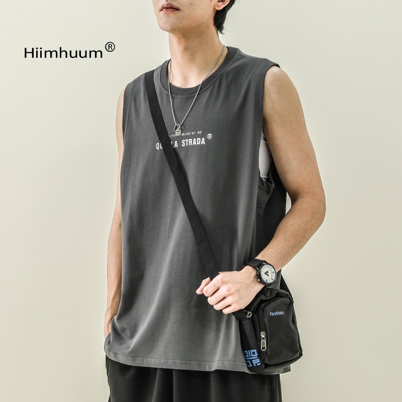 無袖背心男士夏季潮牌純棉健身運動坎肩衣服打底男裝印花短袖t恤-細節圖3