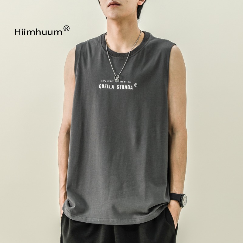 無袖背心男士夏季潮牌純棉健身運動坎肩衣服打底男裝印花短袖t恤-細節圖4