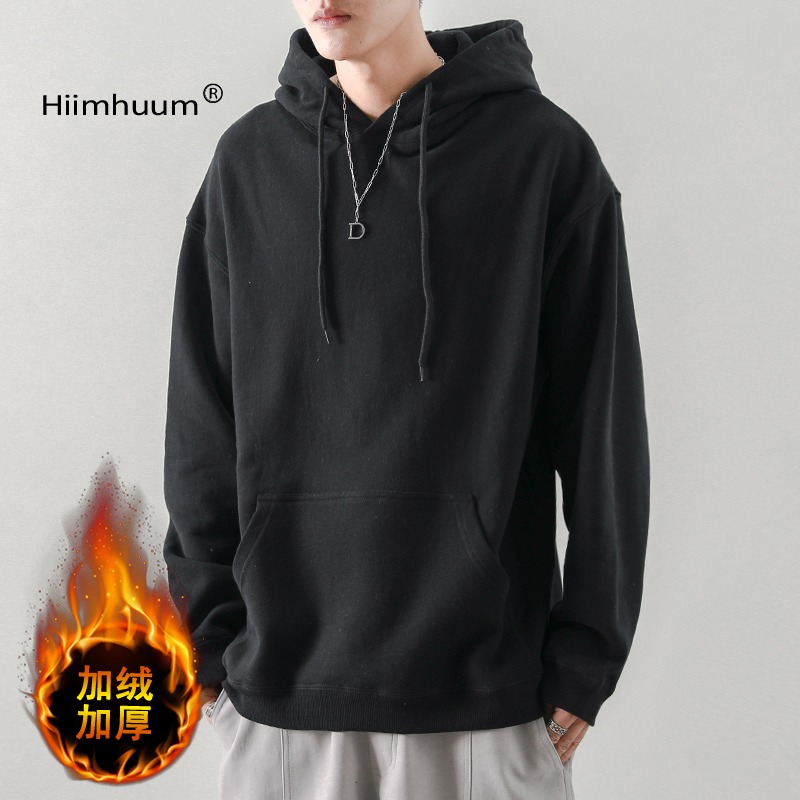 清倉價】純色衛衣男士春秋季ins連帽日系加厚情侶套頭衫休閑寬松-細節圖3