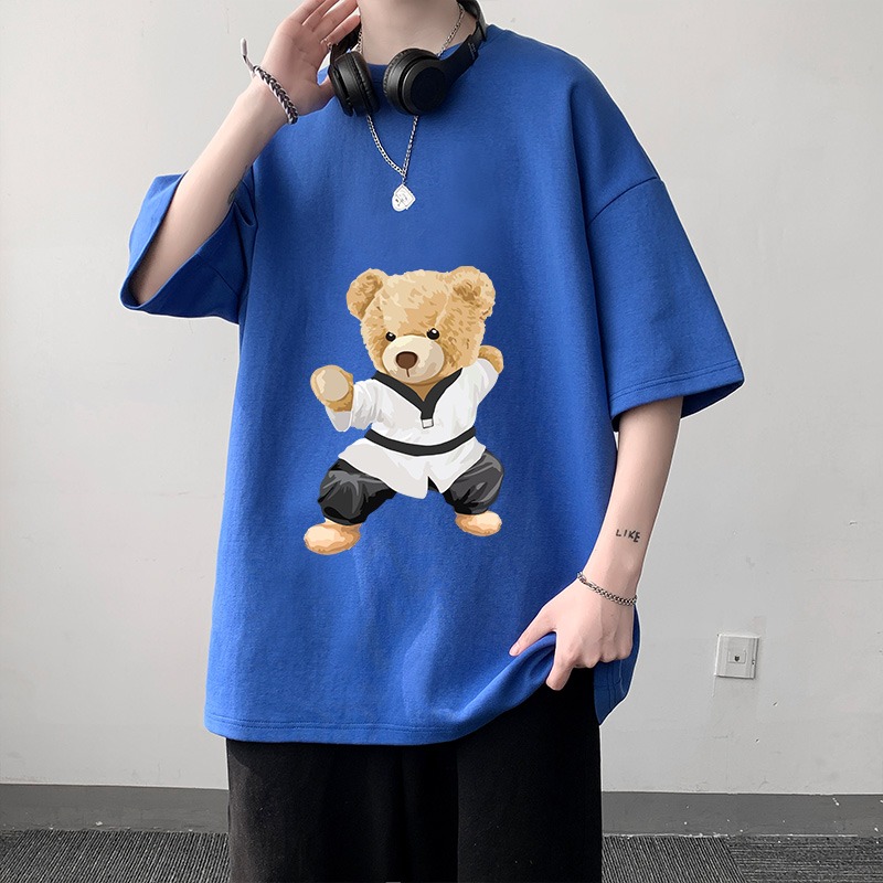 純棉功夫小熊印花短袖男生夏季ins潮牌潮流百搭情侶裝五分半袖t恤-細節圖3